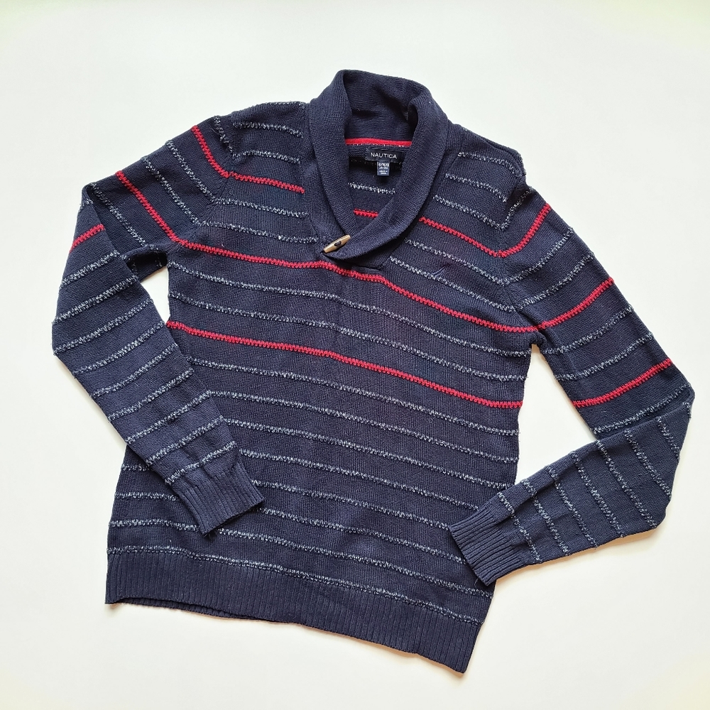 Nautica striped shawl collar blue red sweater